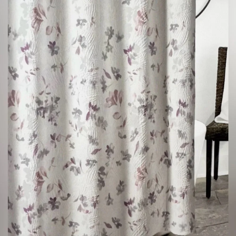 DKNY “Jasper” White Textured Fabric Shower Curtain w/Multicolor Floral Designs